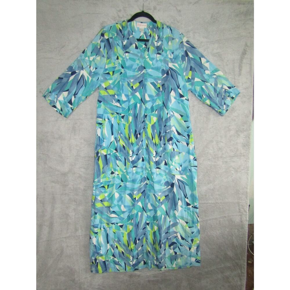 Vintage Shadowline Dress S Blue Green Abstract Rayon 90s Housecoat Caftan‎